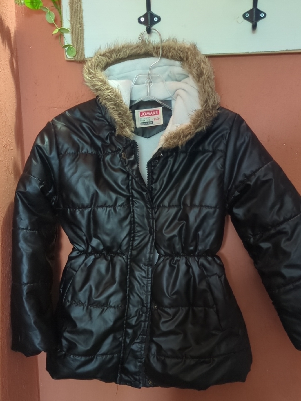 Kids Black Faux-Fur Trim Puffer Coat